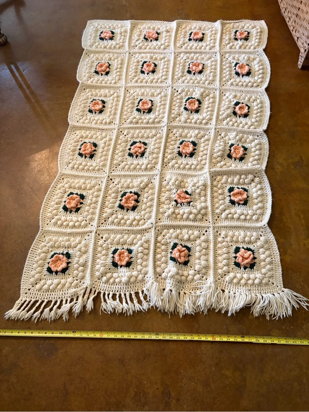 Handmade Cream Crochet Blanket with Peach Floral Squares